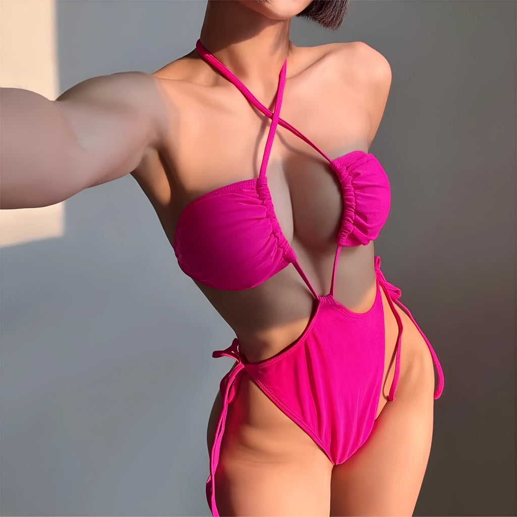Women's solid colour one-piece swimsuit with a front drawstring, shown in briefs style.