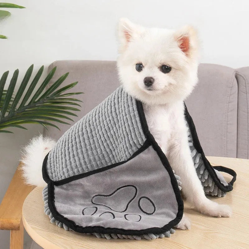 Absorbent microfiber dog towel with hand pockets in blue, purple, grey, rose, and brown, for medium large dogs