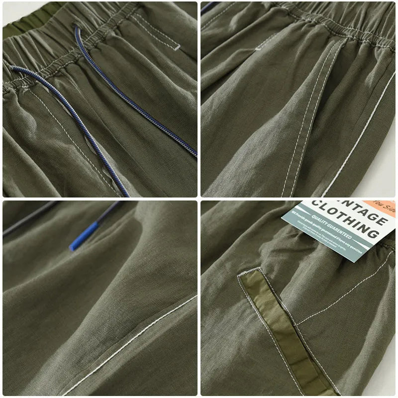 Men's loose fit linen shorts in green, showing straight drooping leg and drawstring waist.