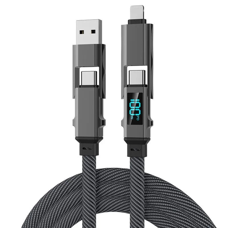 Digital display four-in-one charging cable with zinc alloy connectors, Lightning Micro USB TYPE-C, black, 2m