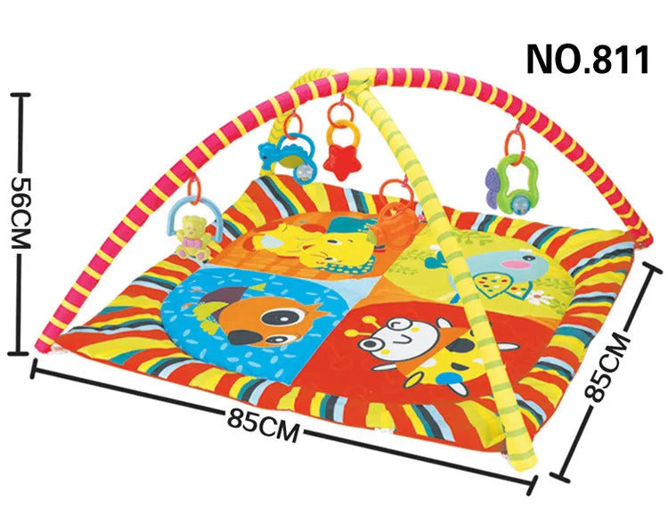 Colourful baby gymnastic blanket with velvet fabric and animal toys for crawling play.