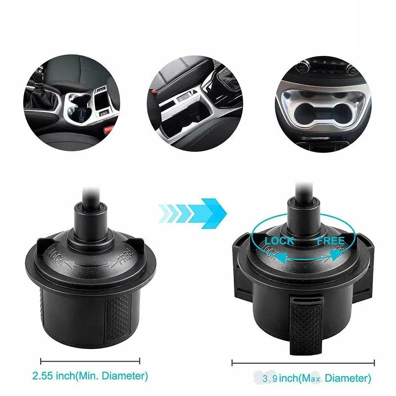 Black car cup holder mobile phone holder made of ABS and aluminium tube encapsulation, 9 x 9 x 16.5 cm, shown in a car interior.