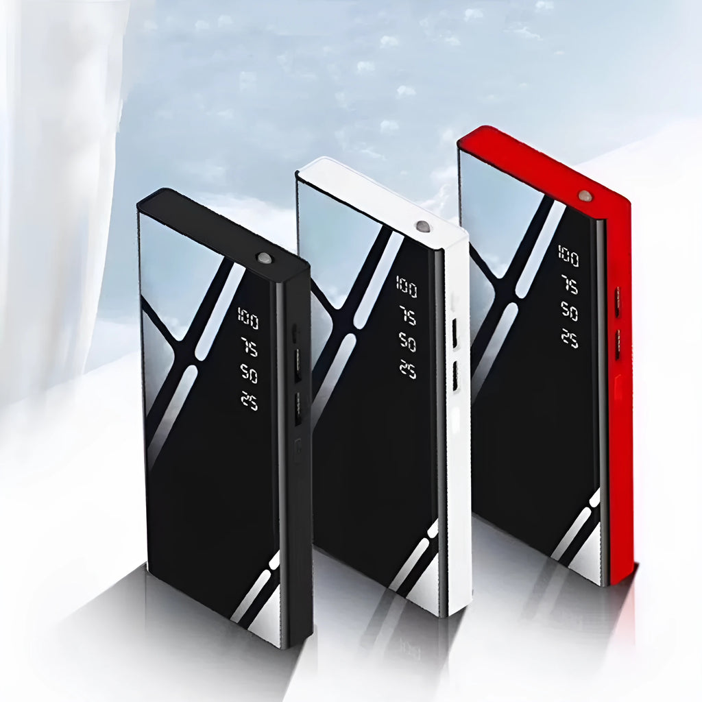 20000mAh portable power bank with LCD display showing battery percentage, black/red/white options