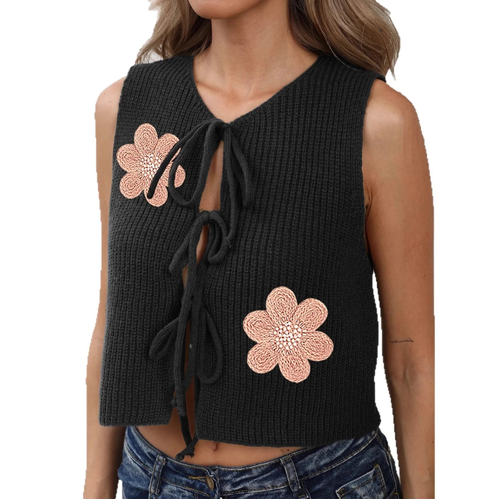 Women's sleeveless vest coat with floral lace-up bow design in deer plush polyester fabric