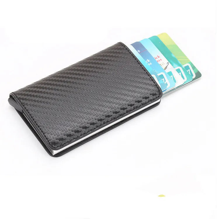 PU automatic card holder with RFID blocking, aluminium alloy metal texture, slim 95mm design in brown