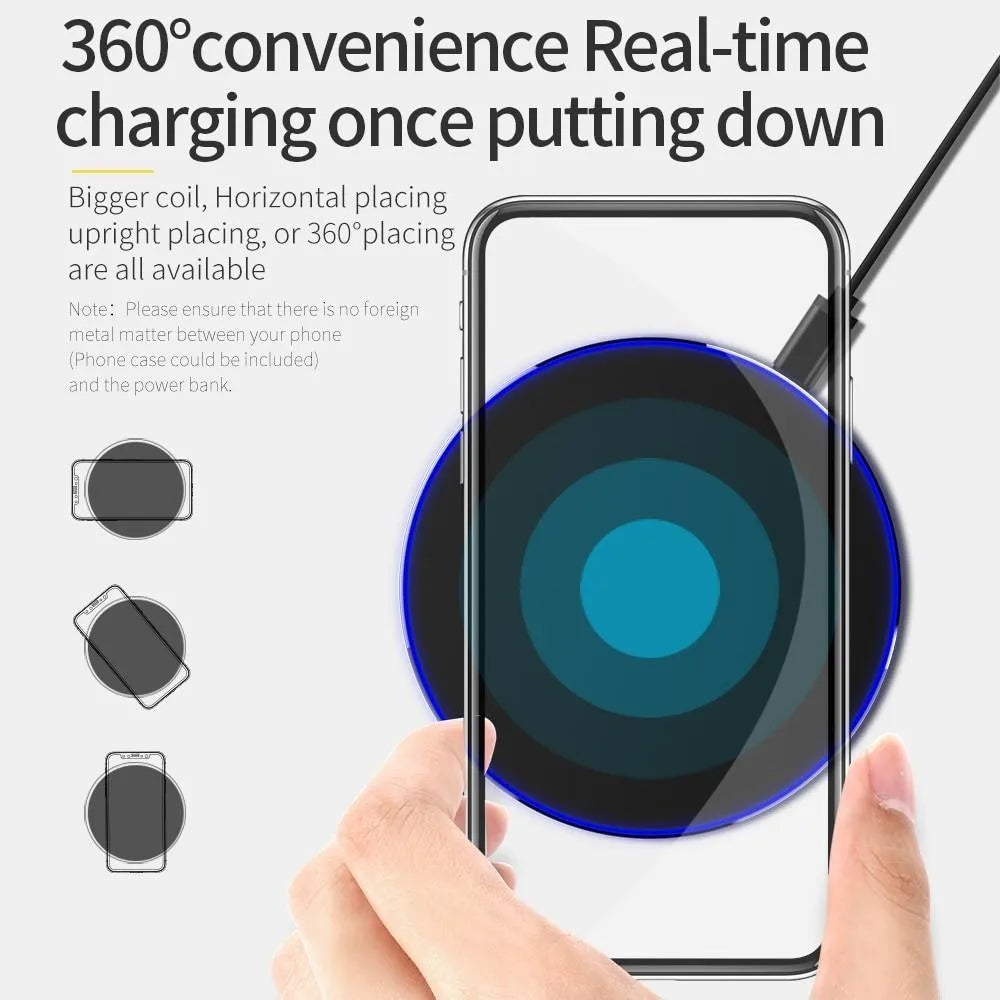 Black ultra-thin square wireless fast charger with USB cable on a desk