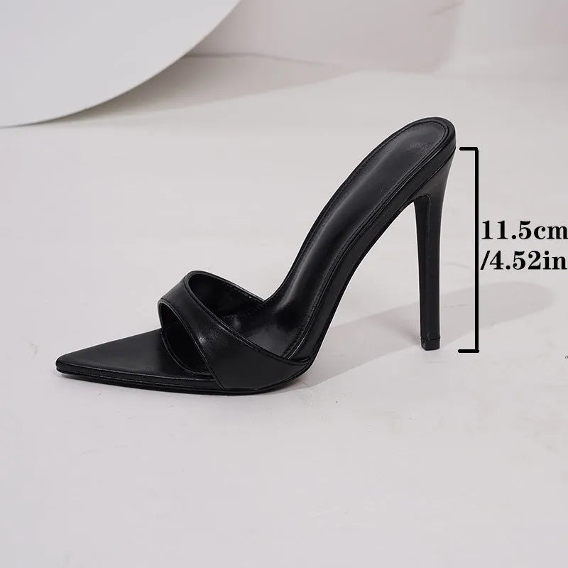 Ladies pointed toe stiletto high heels in black microfiber with a stiletto heel