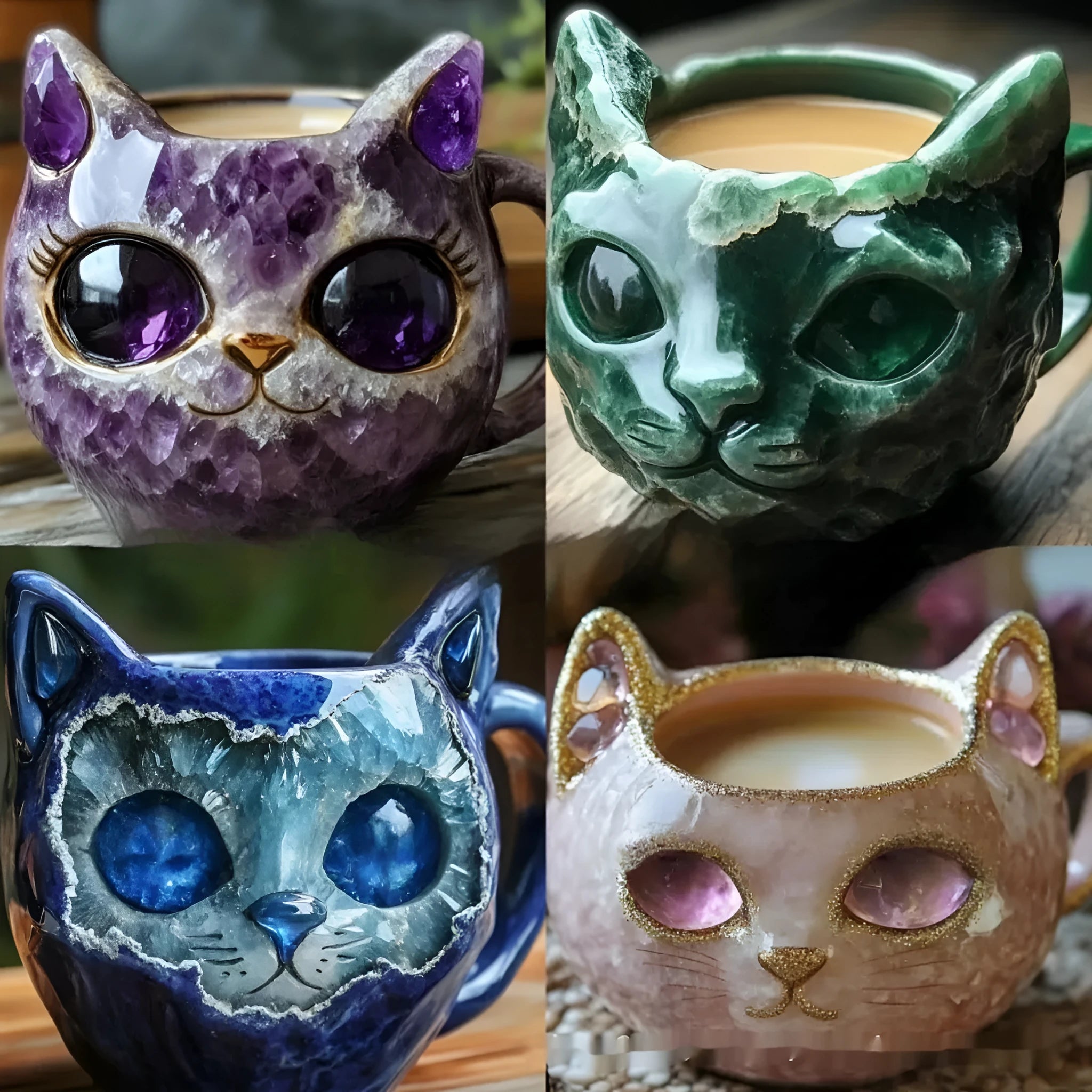 Purple synthetic resin geode crystal cat mug on a table, showing cat shape and textured interior.