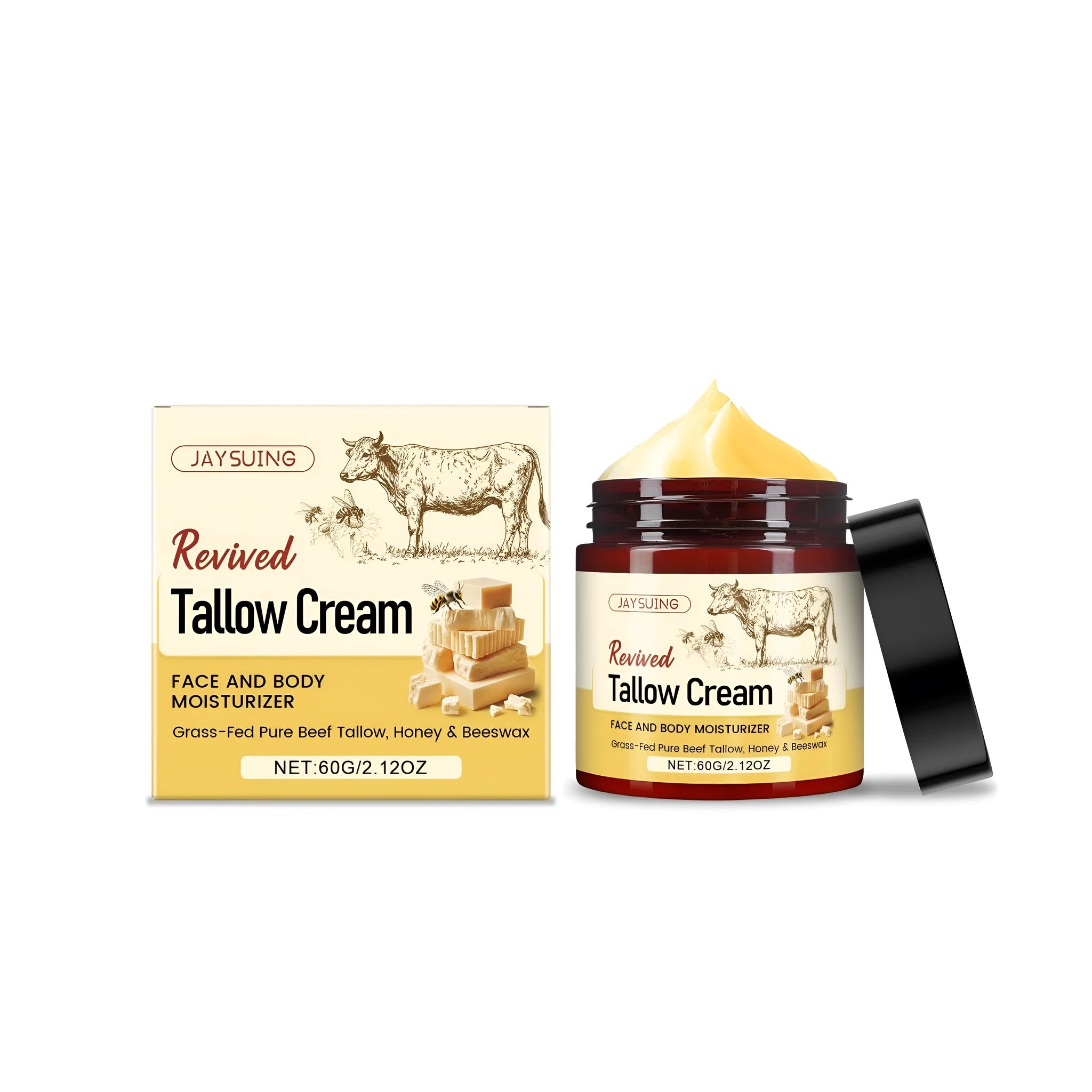 60g glass jar of tallow moisturising cream with honey and olive oil ingredients