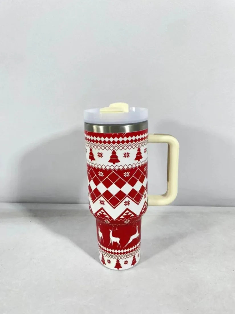 Christmas pattern stainless steel vacuum tumbler with handle and straw, 1200ml capacity