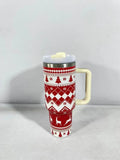 Christmas pattern stainless steel vacuum tumbler with handle and straw, 1200ml capacity