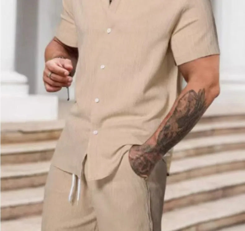 Striped printed men's casual suit with short sleeve shirt and matching shorts in colour YT50313P1