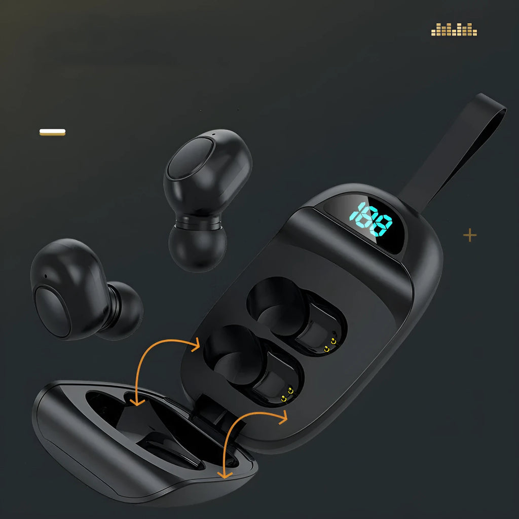 Black Bluetooth 5.1 true wireless stereo headphones with charging case showing battery display
