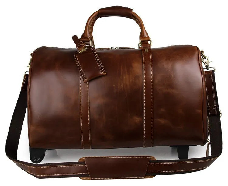 21 inch head layer cowhide trolley bag in brown glossy leather with telescopic handle and wheels