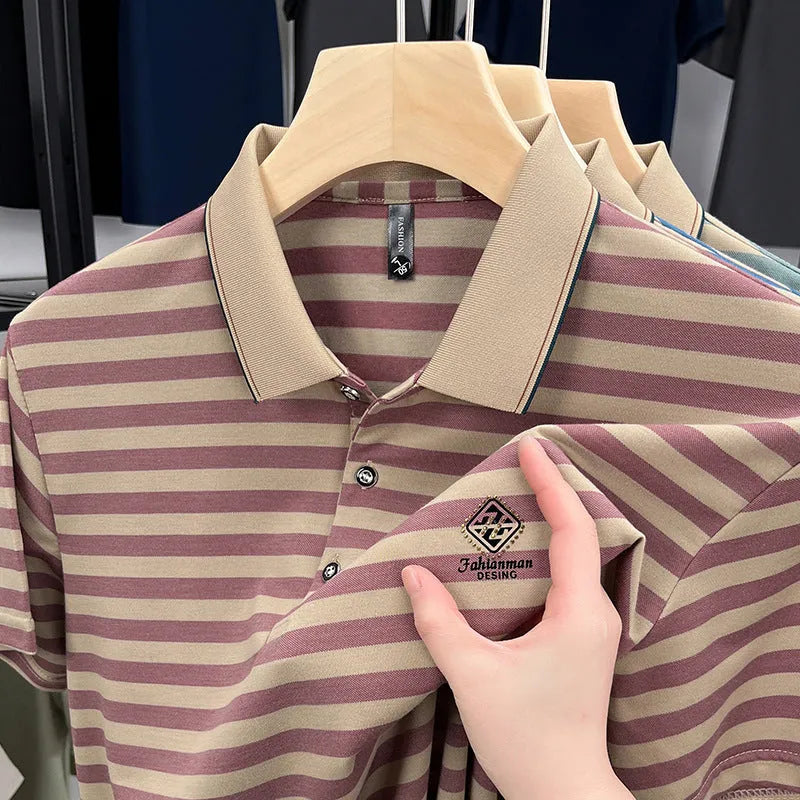 Man wearing a red and white mosaic stripe short sleeve polyester t-shirt, casual style.