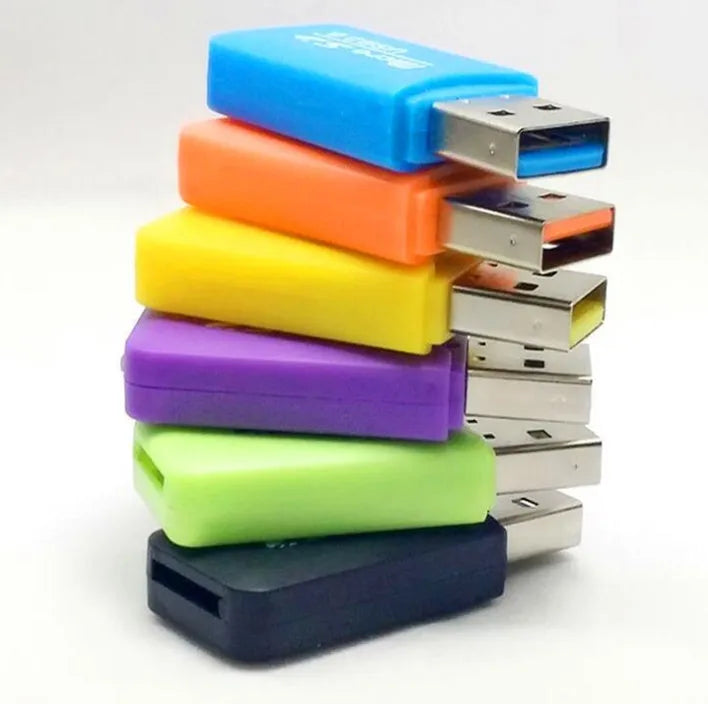Mini USB card reader and SD adapter for TF and microSD memory cards.