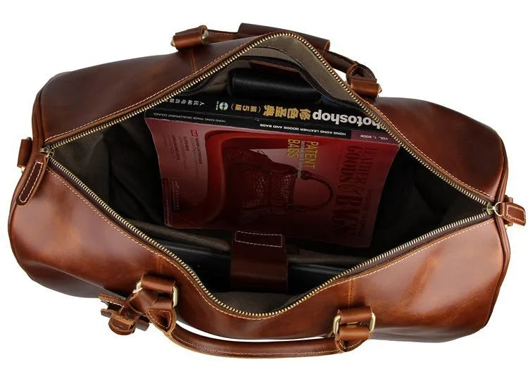 21 inch head layer cowhide trolley bag in brown glossy leather with telescopic handle and wheels