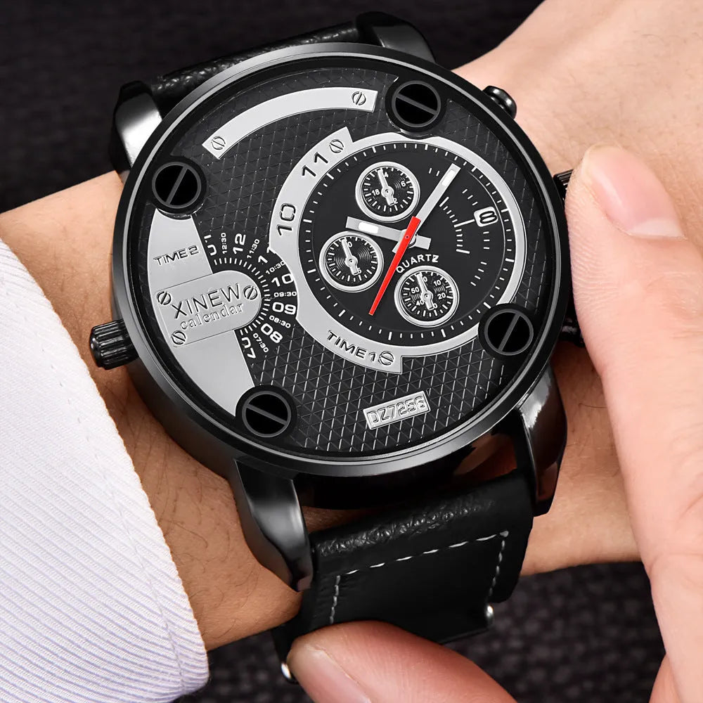 Men's big face watch with leather strap, date display, 5cm dial, 25cm strap, available in black khaki red white
