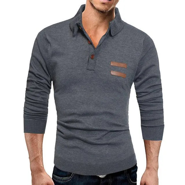 Casual slim knit long sleeve polo shirt in black, cotton blend fabric, size L to XXXL