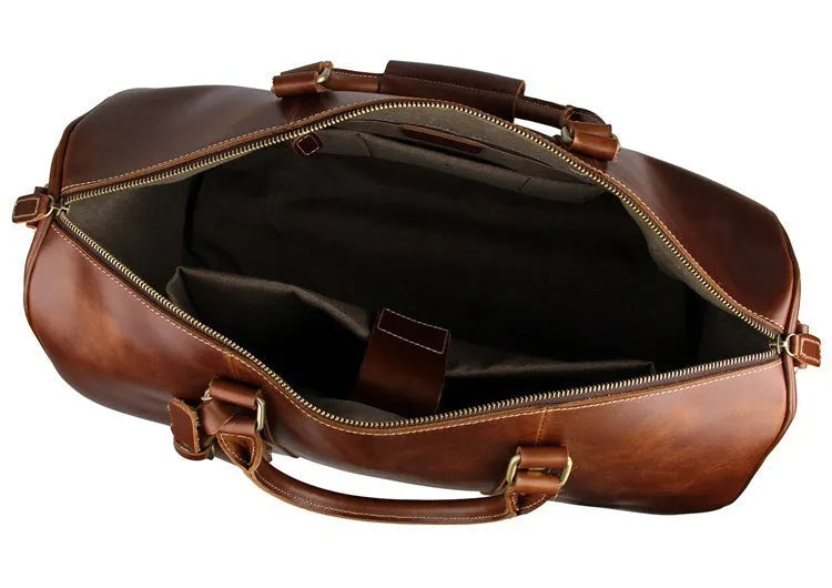 21 inch head layer cowhide trolley bag in brown glossy leather with telescopic handle and wheels