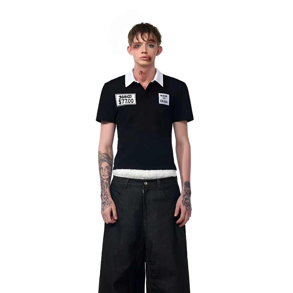 Black slim fit men's polo shirt with embroidery hat design and short sleeves