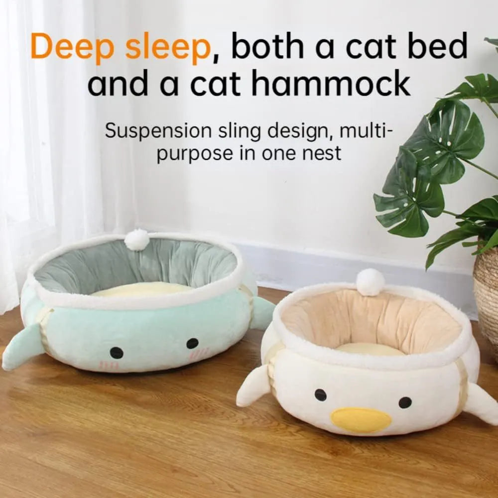 Green chick-shaped cat bed shown both flat and hanging as a hammock for a small cat