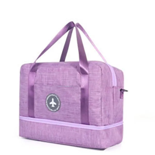Dry and wet separation travel bag in purple made of waterproof cationic Oxford cloth, showing cube shape with double chambers