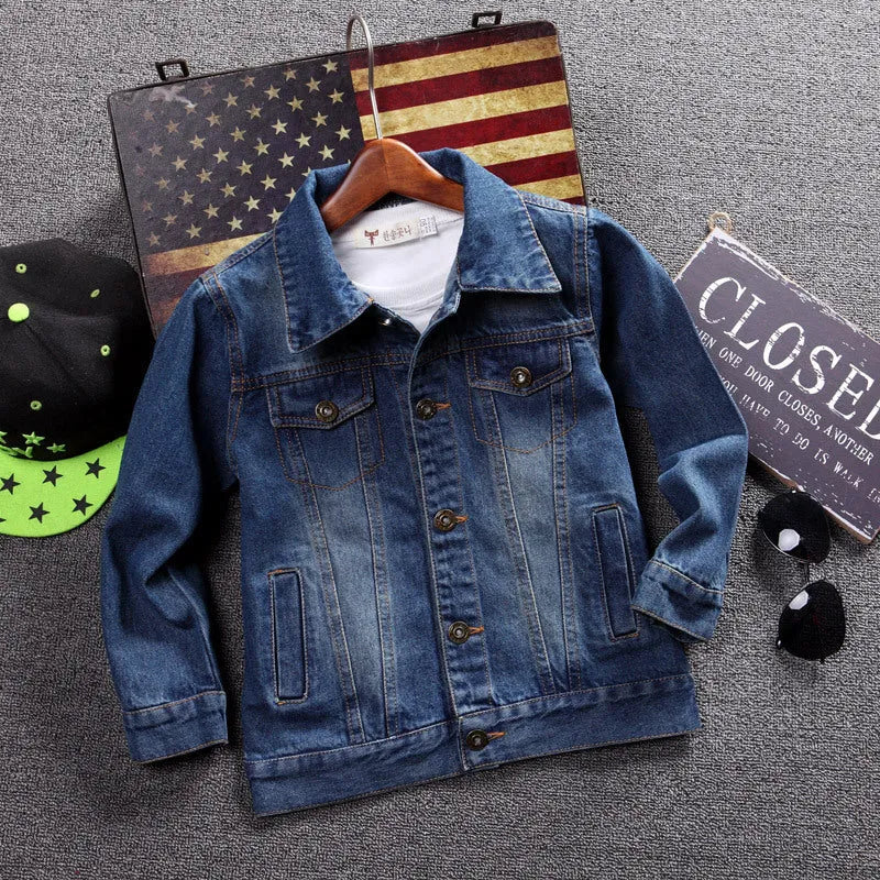 Children's dark blue cotton ripped denim jacket with hood, front view, single breasted style