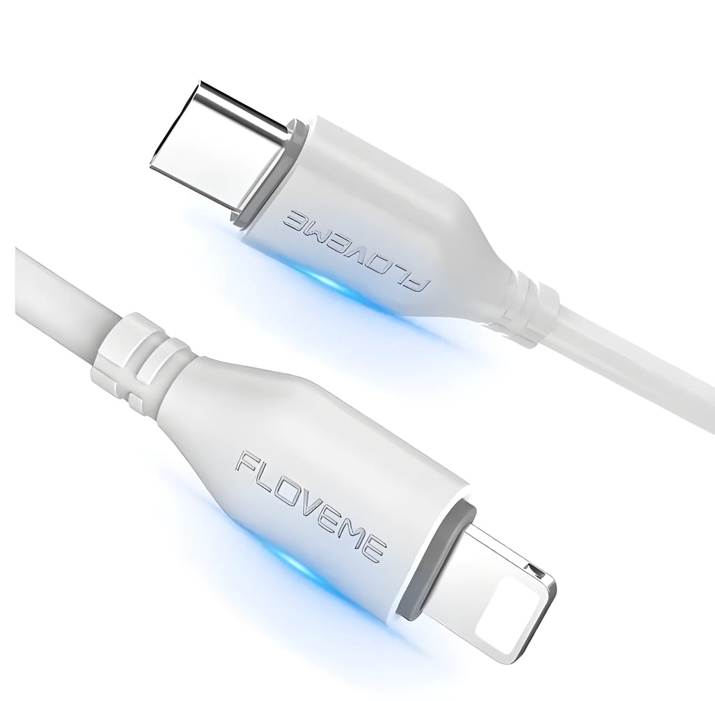 White USB-C to Lightning charging cable with braided exterior measuring 1.2 metres