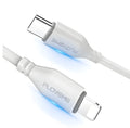 White USB-C to Lightning charging cable with braided exterior measuring 1.2 metres