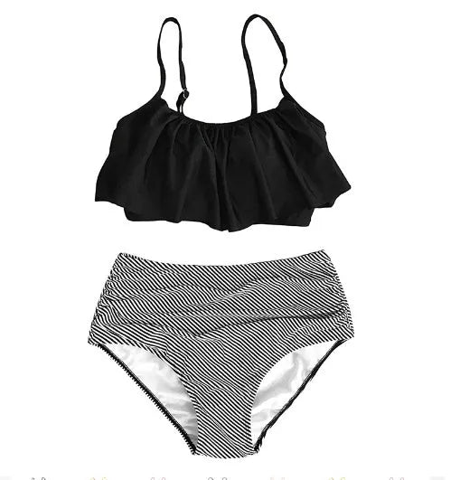 Women's high-waisted conservative ruffled swimsuit in polyester fibre available in multiple colours