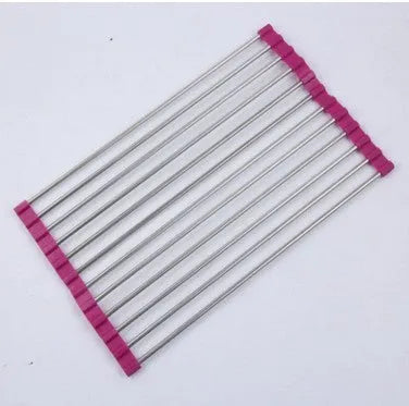 Folding stainless steel kitchen sink drying rack in red colour, shown extended for use.
