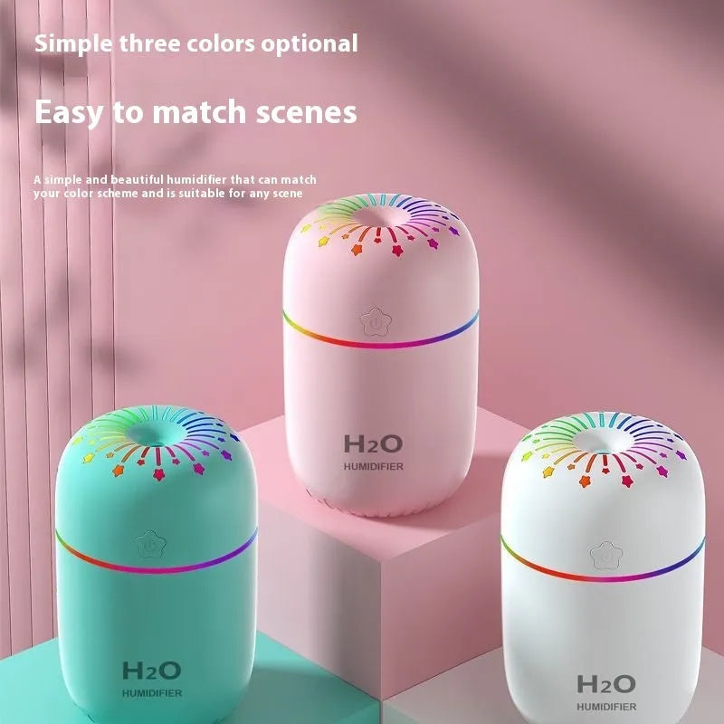 White A5 model mini USB humidifier with 300ml tank on a desk next to a laptop.