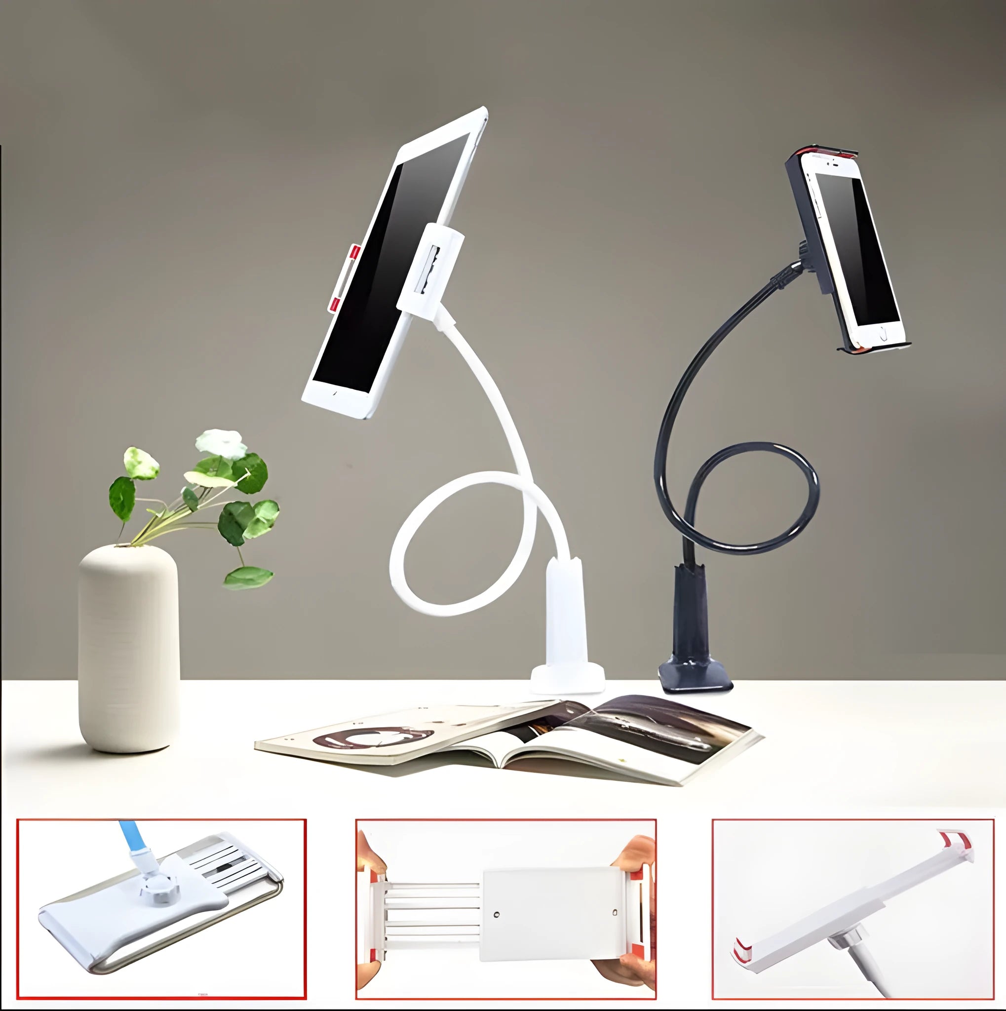 Black aluminium alloy and plastic bedside oversize flat panel mobile phone stand with long arm.