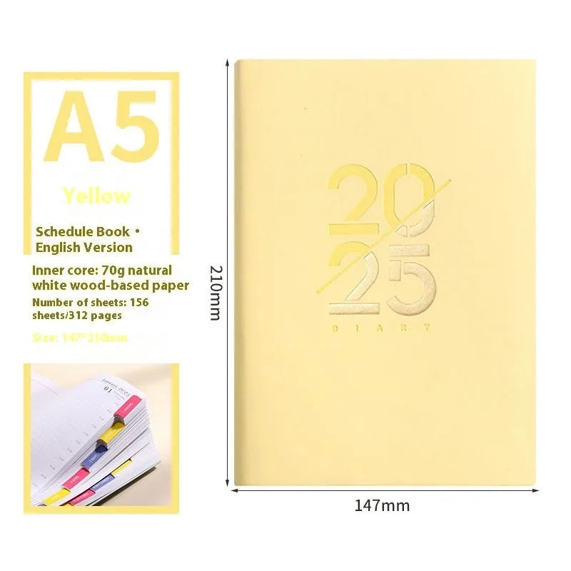 A5 2025 daily planner notebook with soft faux leather cover in multiple colours, open to show lined pages.