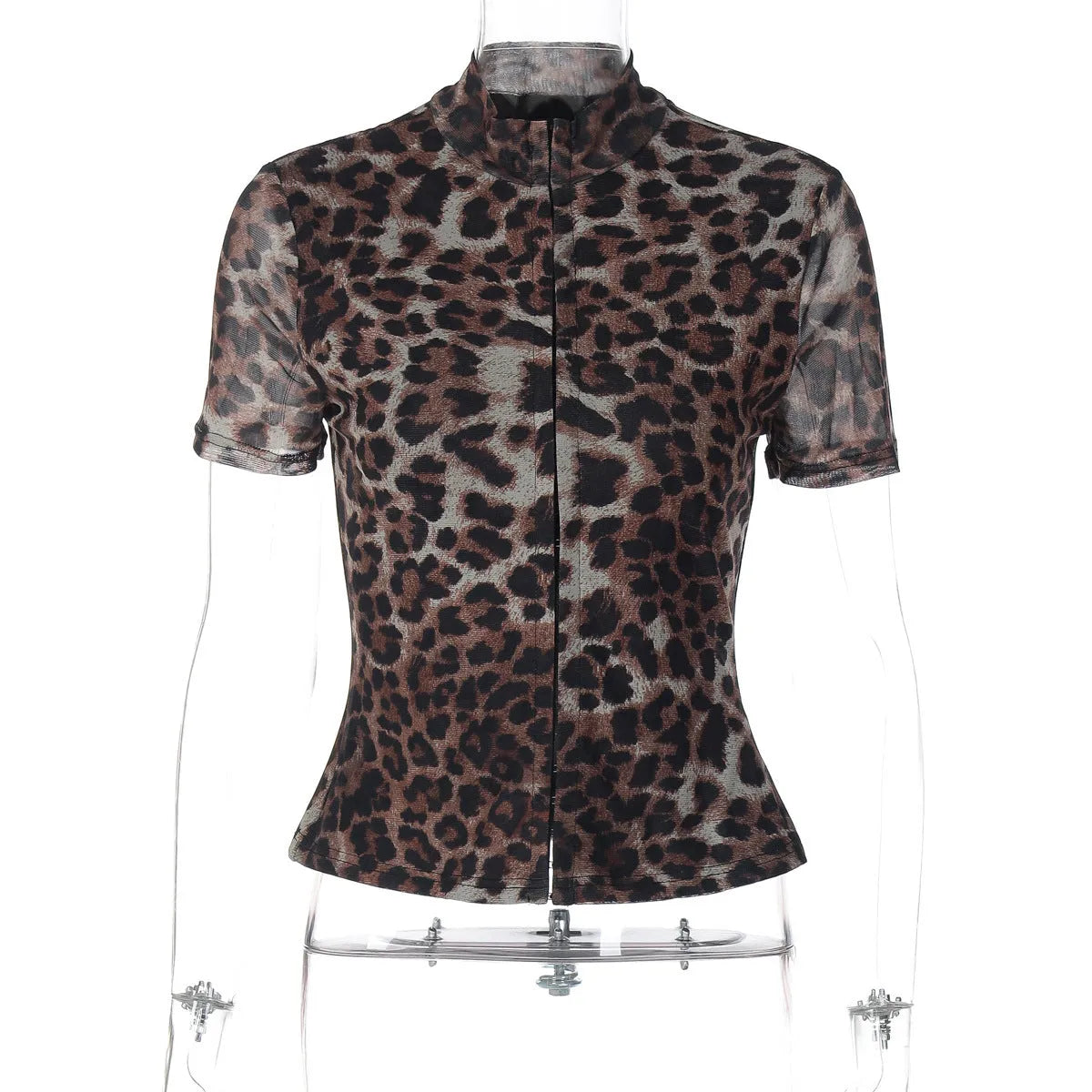Women's leopard print slim fit short sleeve polyester pullover top in sizes S M L