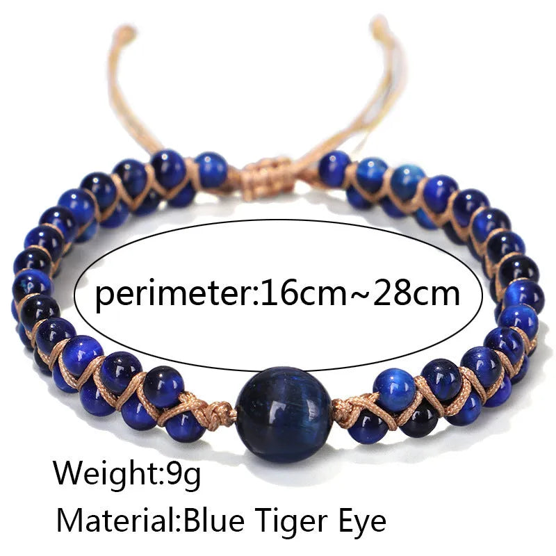 Close-up of a handmade woven bracelet featuring blue tigereye beads in a geometric pattern on a wrist.