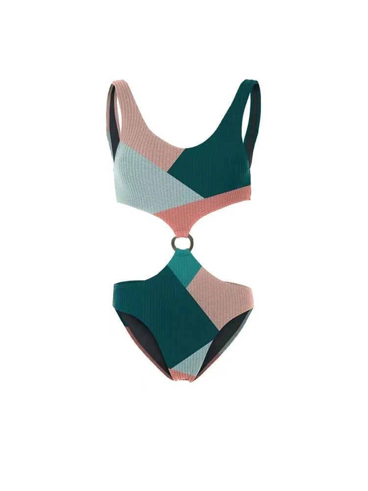 Contrast colour bikini two-piece set with mesh gauze skirt for swimming