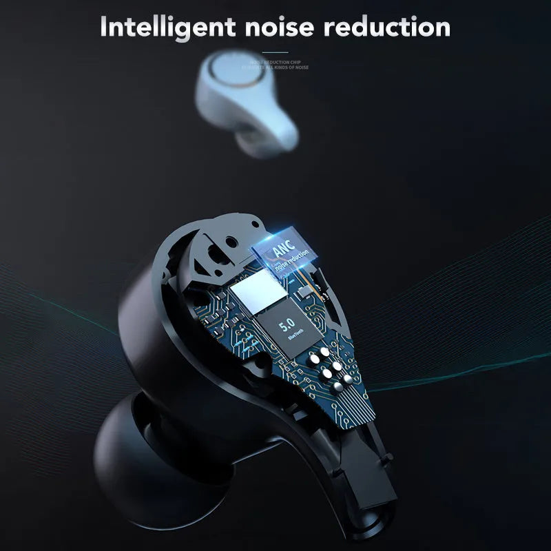 Black and white ANC active noise cancelling Bluetooth earbuds with charging case