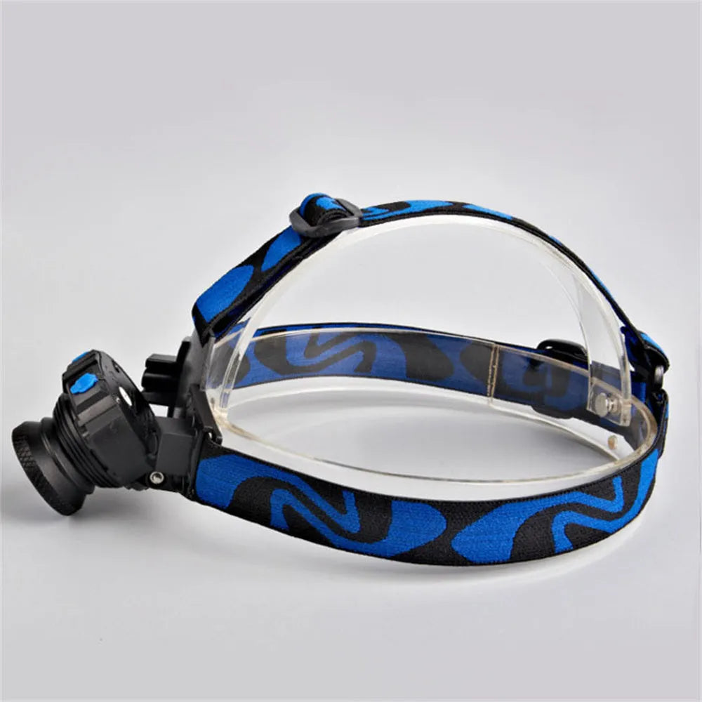 Blue rechargeable LED headlamp with aluminium alloy body and focusing head, head-mounted design for outdoor use