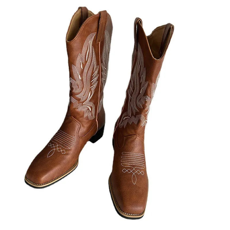 Brown women's embroidered mid-calf Martin boots with a waterproof platform and square heel