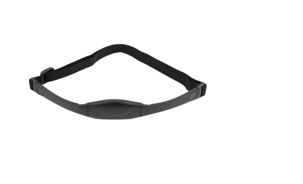 Black heart rate monitor watch with rubber strap and round dial, waterproof to 3 metres with chest strap