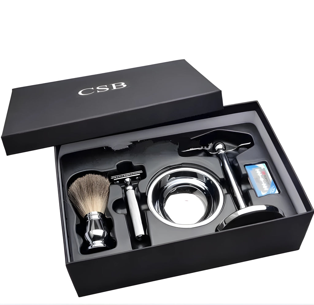 CSB chrome and black shaving set with safety razor, badger hair brush, stand, bowl, blades, and gift box.