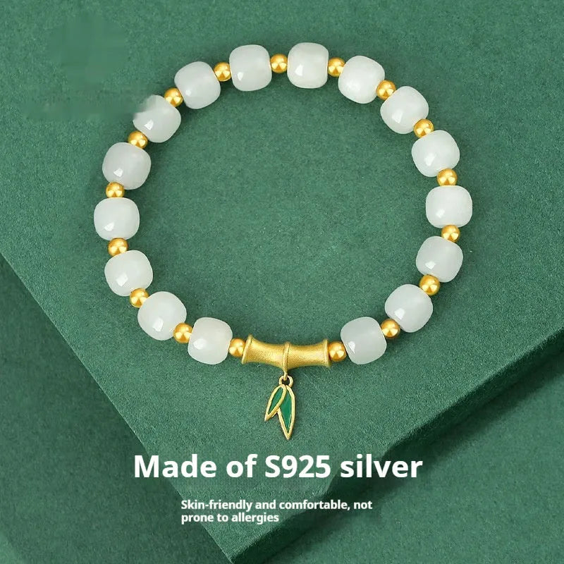 6mm Hetian jade bracelet with bamboo leaf design and 925 silver components
