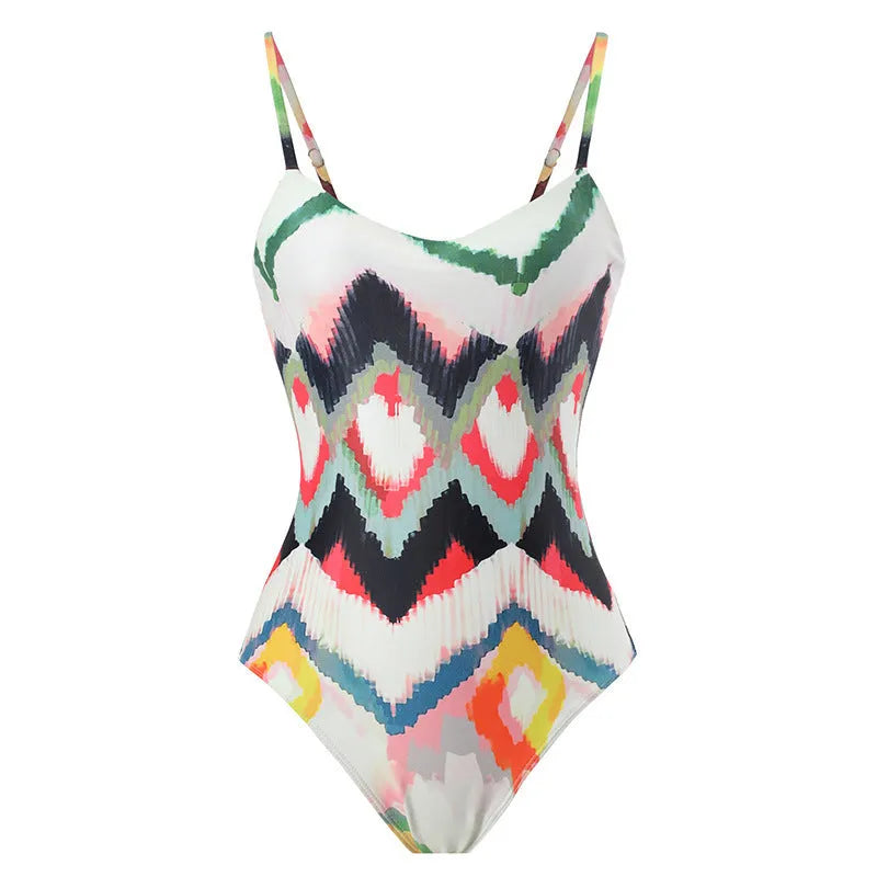 Women's two-piece swimsuit set with striped pattern and coordinating hip skirt on beach background