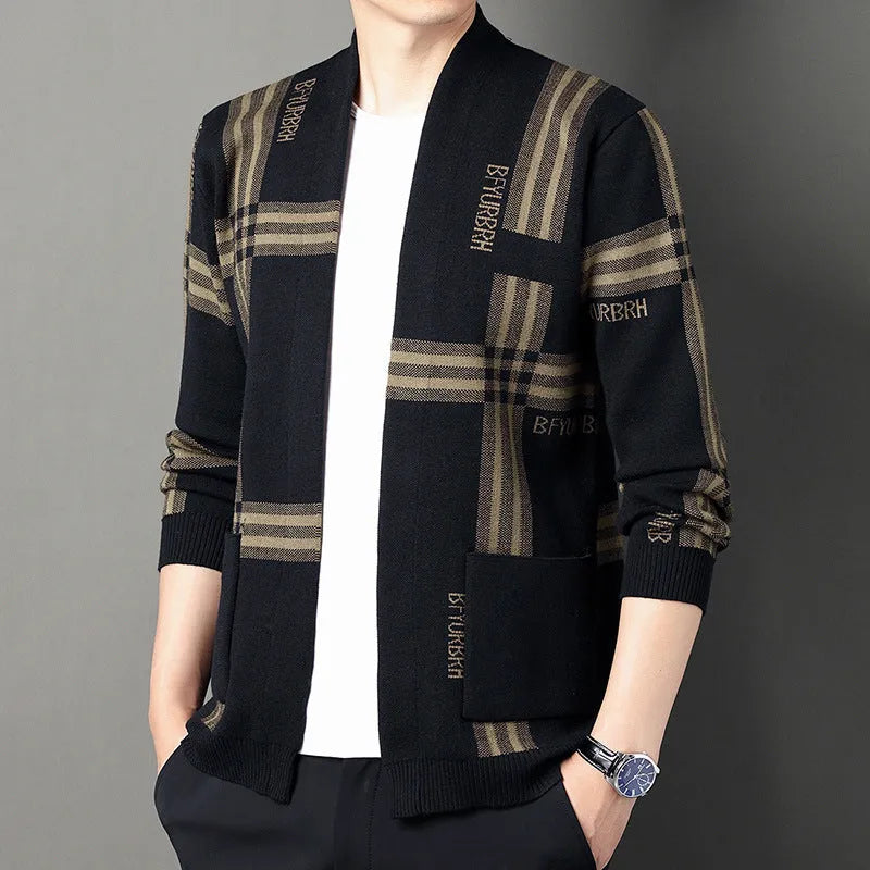 Men's camel and black slim fit long-sleeve knitted cardigan sweater coat with zipper on model