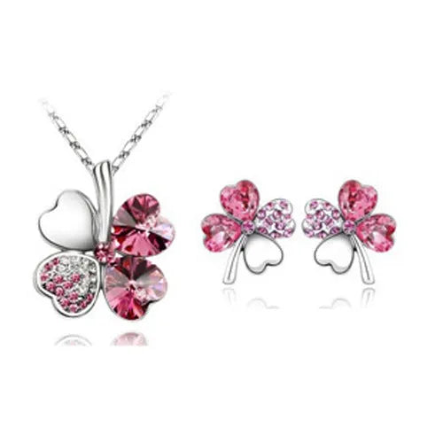 Four-leaf clover crystal necklace and earrings set for women, alloy with artificial gems, ten colour options.