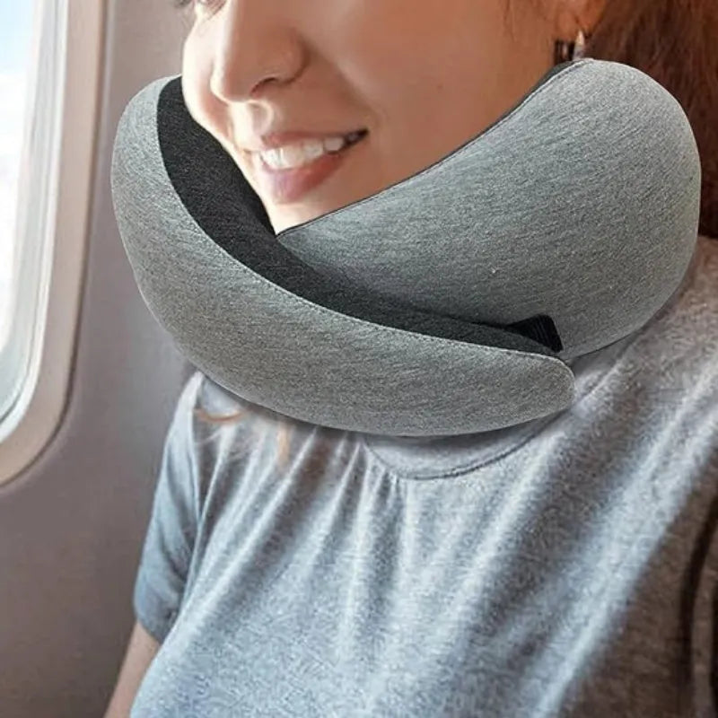 Memory foam U-shaped travel neck pillow in navy blue with buckle closure