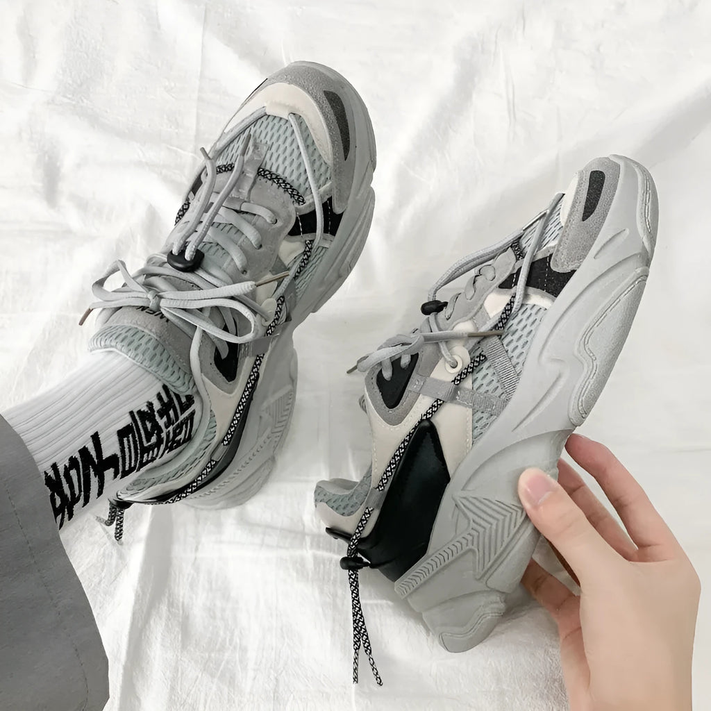 Men's Korean style platform dad shoes in white, black, or grey with lace-up front and mesh lining