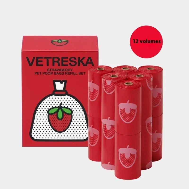 Dog waste dispenser capsule with roll of scented biodegradable bags in choice of strawberry, orange or cherry blossom